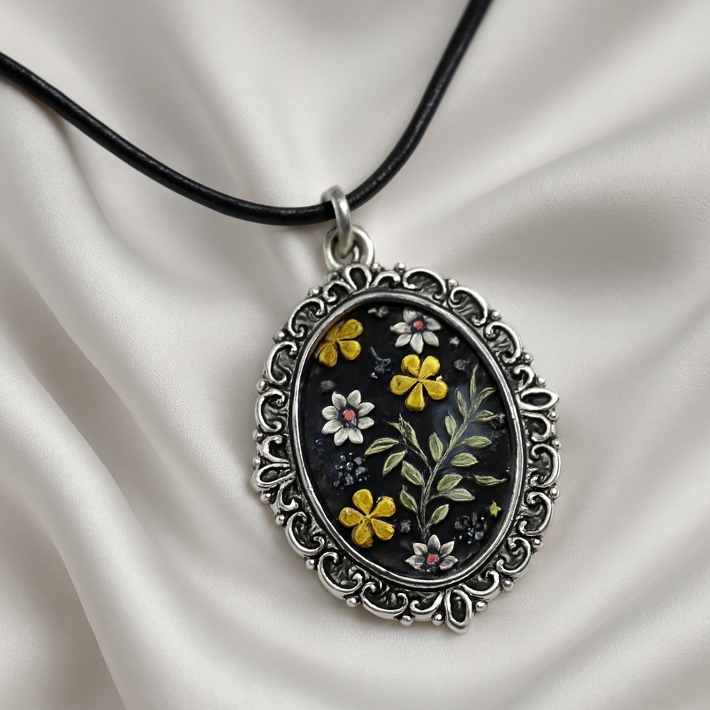 Ornate Floral Silver Pendant, Black Cord – Vintage Scrollwork Botanical Necklace